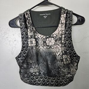 Nanette Lepore Women's Medium Olive Green Sports Bra Crop Top Cream Boho Design